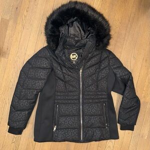 Michael Kors black-on-black cheetah print jacket with fur hood